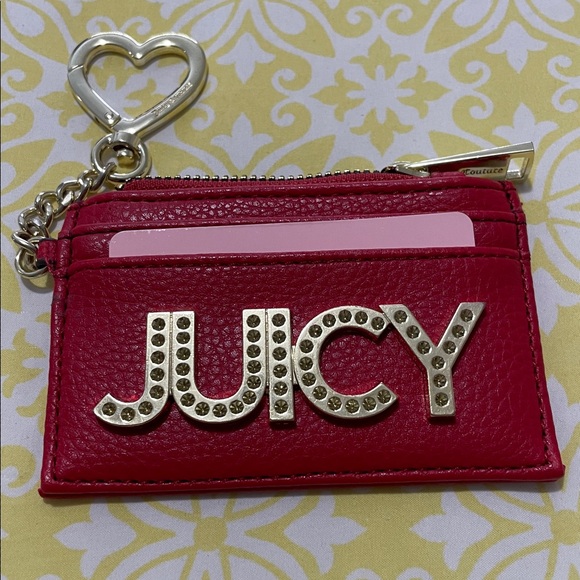 Juicy Couture Red Card Holder /Wallet Zip Top with Heart Charm NWOT Blingy Logo! - Picture 2 of 9